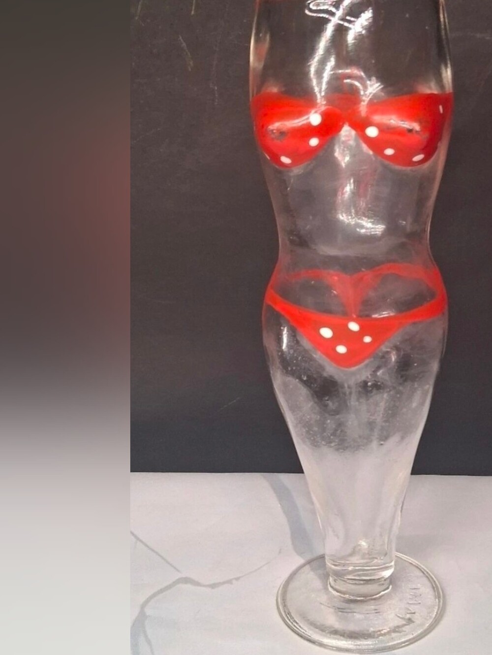 Novilty Vintage Hand Painted red/white Bikini Beer Glass Made in Japan MCM